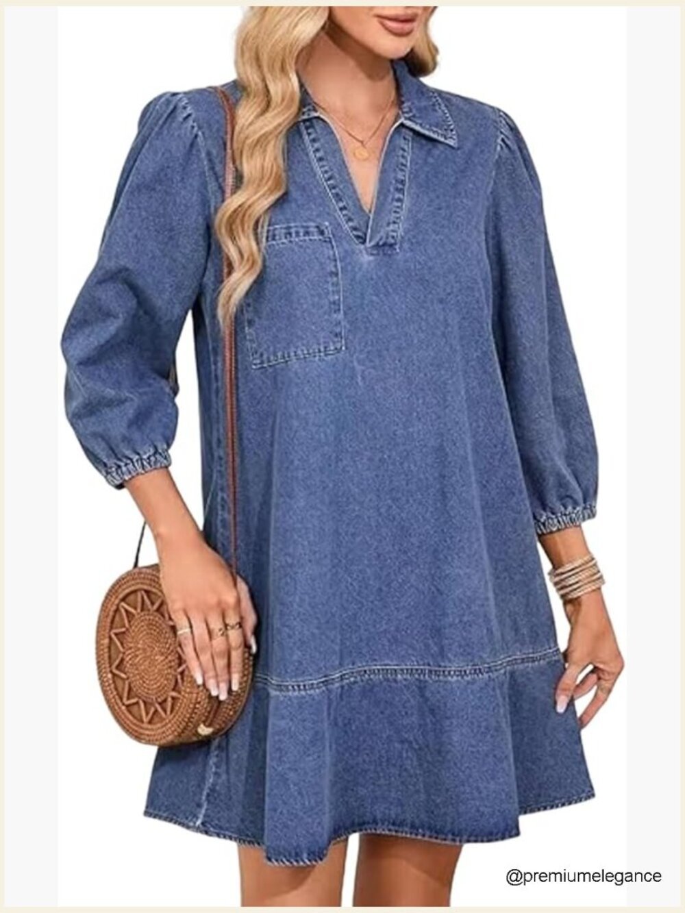 Casual Loose Fit 3/4 Sleeve Ruffle Babydoll Mini Dress with Pockets